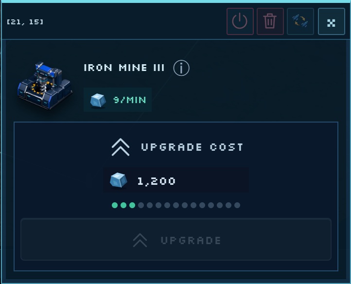 Iron Mine III at 21, 15: 9 Iron per minute and a next-upgrade cost of 1,200 Iron